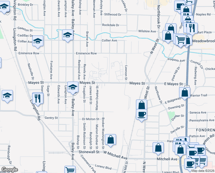 map of restaurants, bars, coffee shops, grocery stores, and more near 409 Mayes Street in Jackson