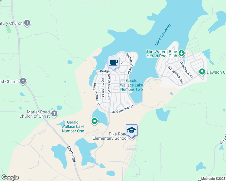 map of restaurants, bars, coffee shops, grocery stores, and more near 32 Avenue of the Waters in Pike Road
