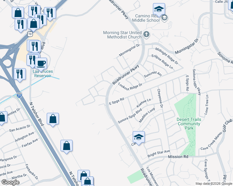 map of restaurants, bars, coffee shops, grocery stores, and more near 2724 Morning Light Place in Las Cruces