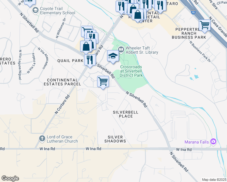 map of restaurants, bars, coffee shops, grocery stores, and more near 6158 West Sandburg Court in Tucson