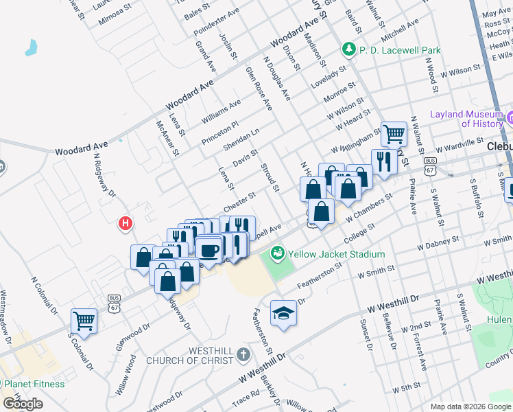 map of restaurants, bars, coffee shops, grocery stores, and more near 214 Willana Ct in Cleburne