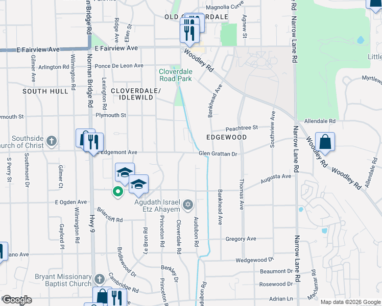 map of restaurants, bars, coffee shops, grocery stores, and more near 1015 Glen Grattan Drive in Montgomery