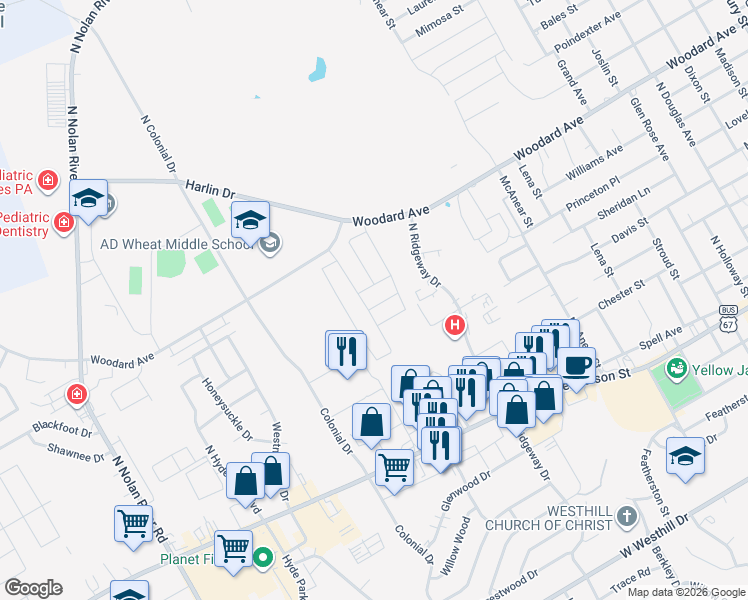 map of restaurants, bars, coffee shops, grocery stores, and more near 505 North Ridgeway Drive in Cleburne