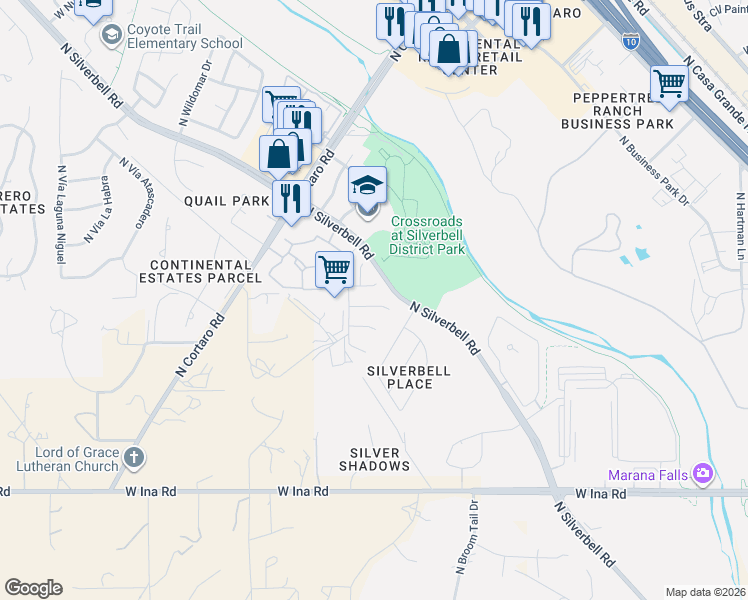 map of restaurants, bars, coffee shops, grocery stores, and more near 6150 West Sandburg Court in Tucson