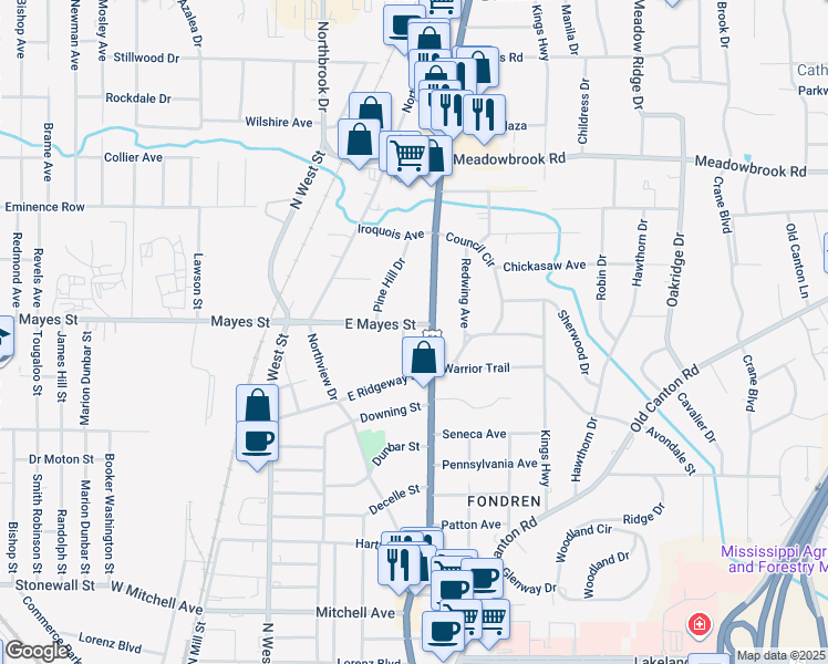 map of restaurants, bars, coffee shops, grocery stores, and more near 399 East Mayes Street in Jackson