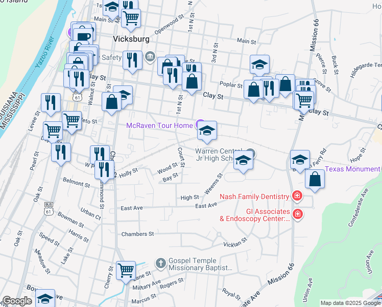 map of restaurants, bars, coffee shops, grocery stores, and more near 1417 Oakland Street in Vicksburg