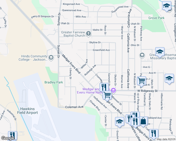 map of restaurants, bars, coffee shops, grocery stores, and more near 2720 Rutledge Avenue in Jackson