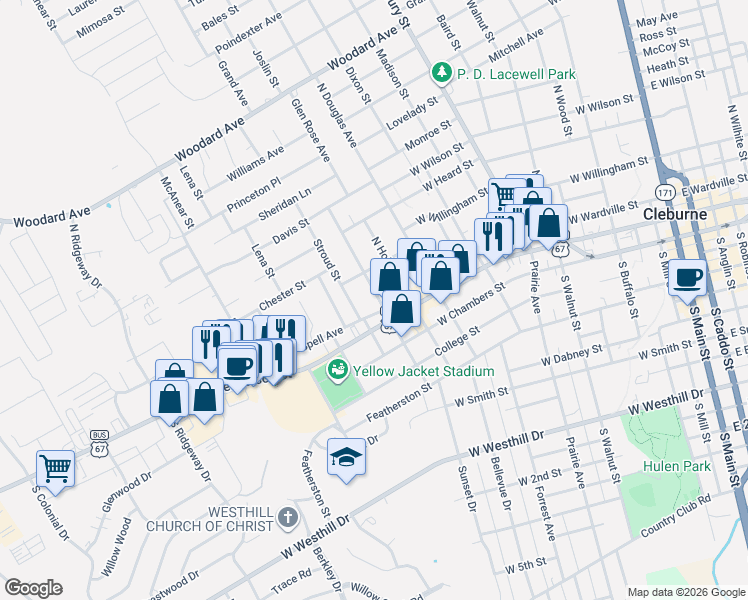 map of restaurants, bars, coffee shops, grocery stores, and more near 203 North Pendell Avenue in Cleburne