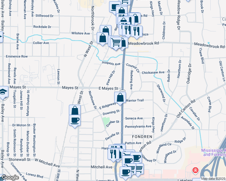 map of restaurants, bars, coffee shops, grocery stores, and more near 399 Mayes Street in Jackson