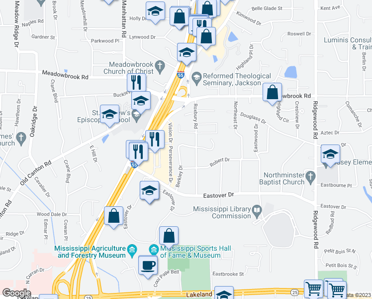 map of restaurants, bars, coffee shops, grocery stores, and more near 3980 Berkley Drive in Jackson