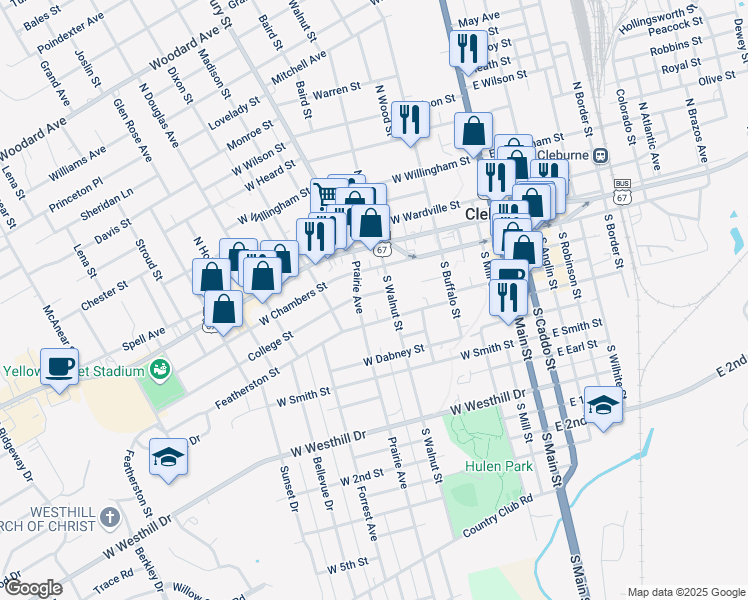 map of restaurants, bars, coffee shops, grocery stores, and more near 317 College Street in Cleburne