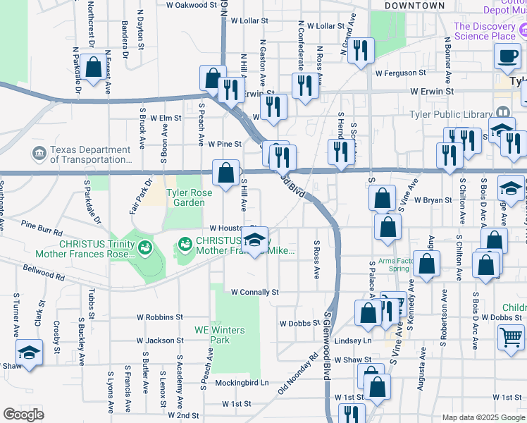 map of restaurants, bars, coffee shops, grocery stores, and more near 510 Mccain Drive in Tyler