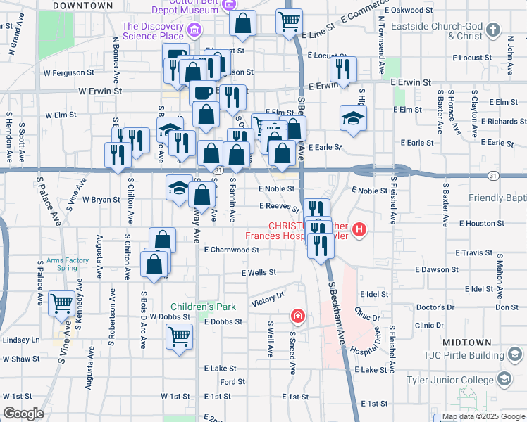 map of restaurants, bars, coffee shops, grocery stores, and more near 417 East Reeves Street in Tyler