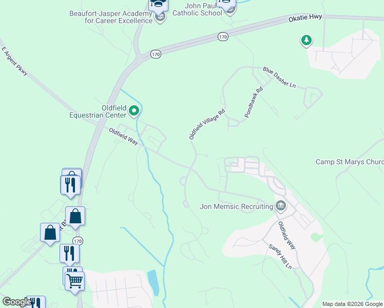 map of restaurants, bars, coffee shops, grocery stores, and more near 5 Oldfield Village Road in Bluffton