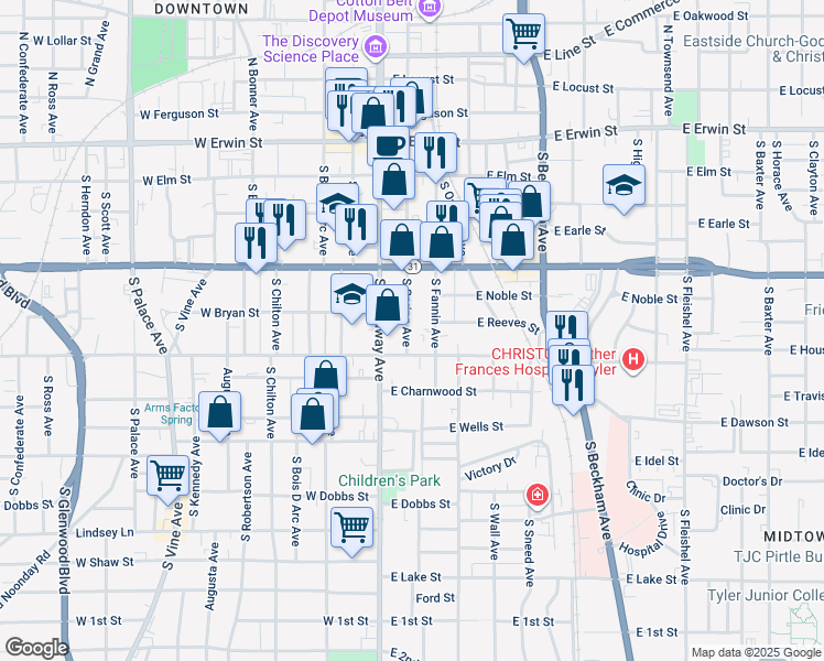 map of restaurants, bars, coffee shops, grocery stores, and more near 510 South Spring Avenue in Tyler