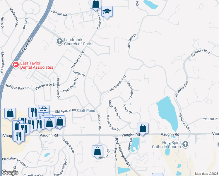 map of restaurants, bars, coffee shops, grocery stores, and more near 8646 Old Marsh Way in Montgomery