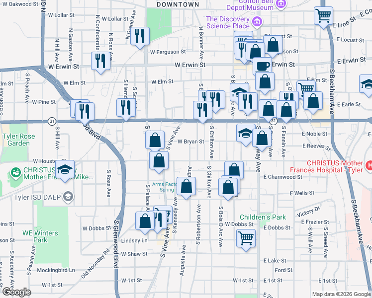 map of restaurants, bars, coffee shops, grocery stores, and more near 519 Augusta Avenue in Tyler