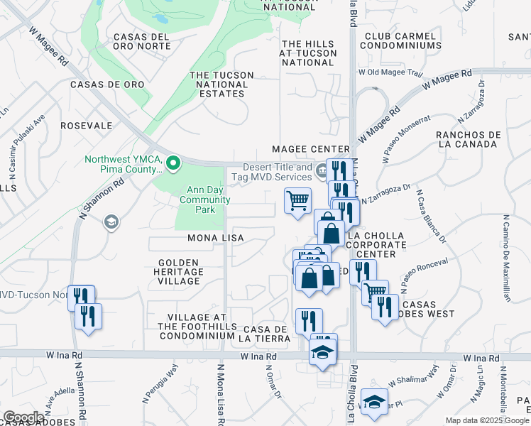 map of restaurants, bars, coffee shops, grocery stores, and more near 2342 West Monet Way in Tucson