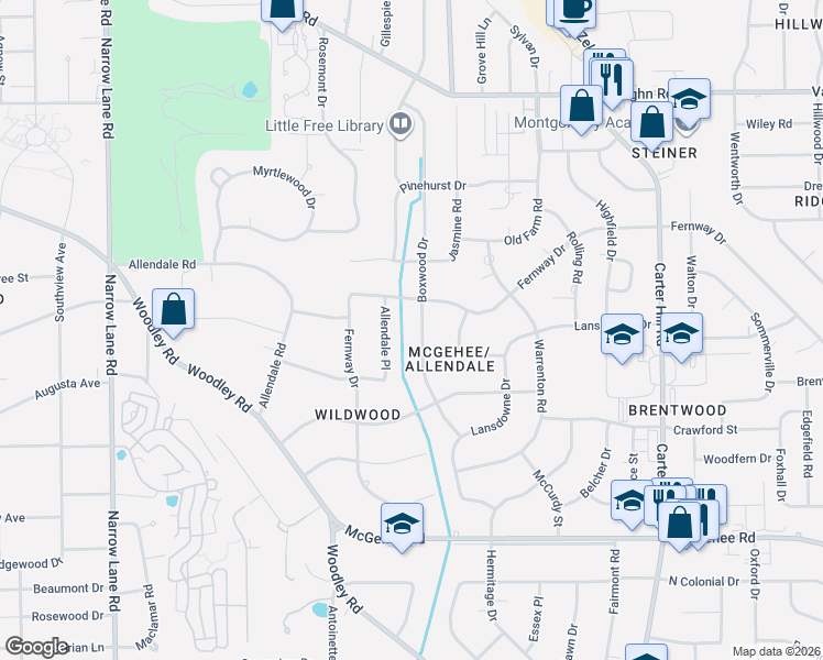 map of restaurants, bars, coffee shops, grocery stores, and more near 3320 Boxwood Drive in Montgomery