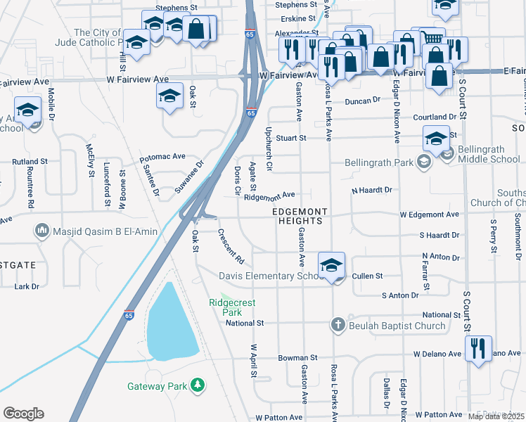 map of restaurants, bars, coffee shops, grocery stores, and more near 812 Ridgemont Avenue in Montgomery