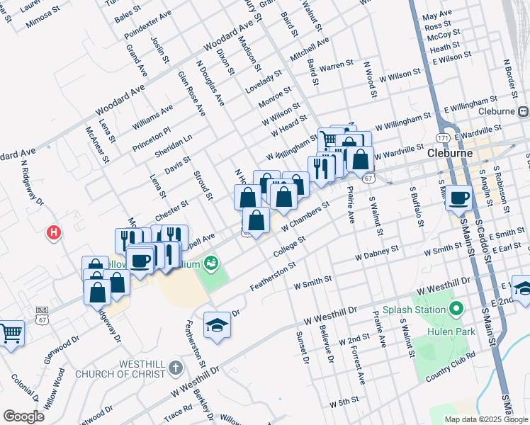 map of restaurants, bars, coffee shops, grocery stores, and more near 810 West Henderson Street in Cleburne
