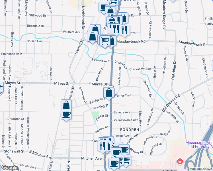 map of restaurants, bars, coffee shops, grocery stores, and more near 409 East Mayes Street in Jackson