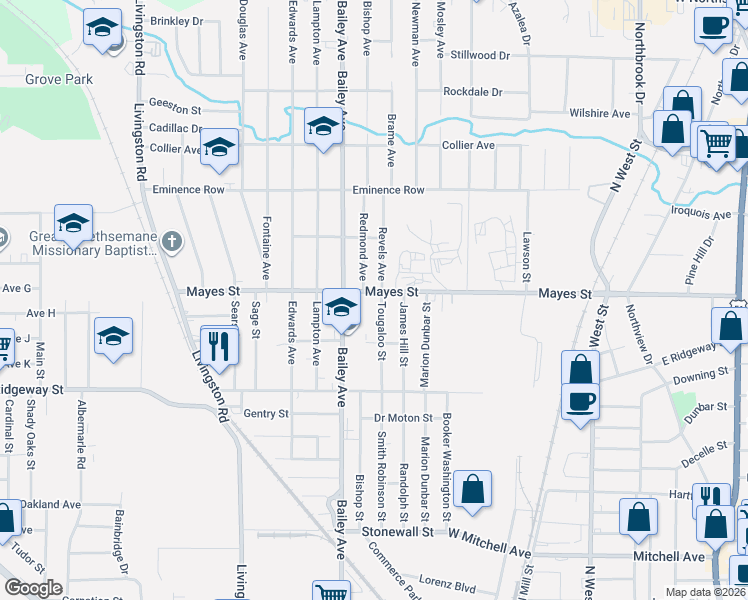 map of restaurants, bars, coffee shops, grocery stores, and more near 701 Mayes Street in Jackson