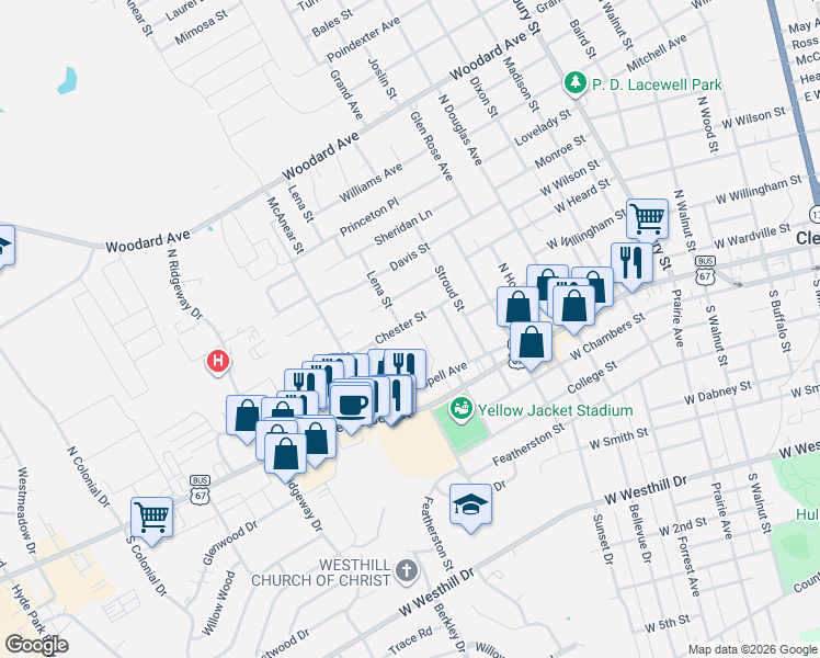 map of restaurants, bars, coffee shops, grocery stores, and more near 214 Willana Court in Cleburne