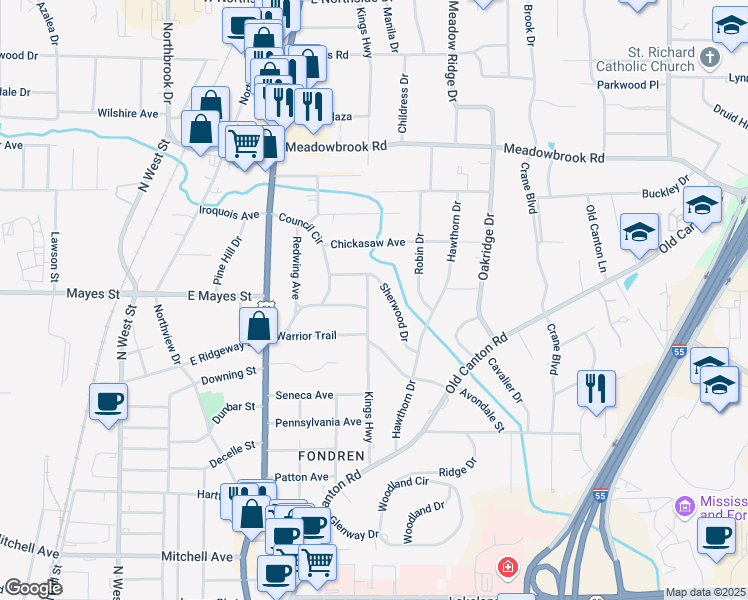 map of restaurants, bars, coffee shops, grocery stores, and more near 4002 Kings Highway in Jackson