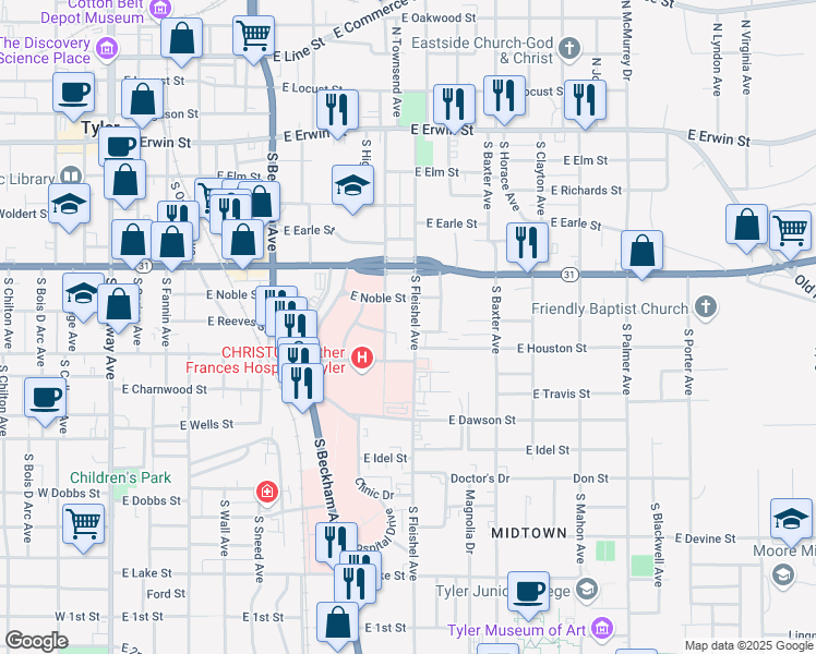map of restaurants, bars, coffee shops, grocery stores, and more near 513 South Fleishel Avenue in Tyler