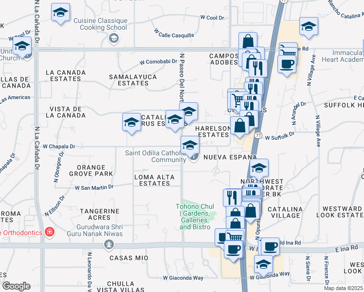 map of restaurants, bars, coffee shops, grocery stores, and more near 826 West Chapala Drive in Tucson