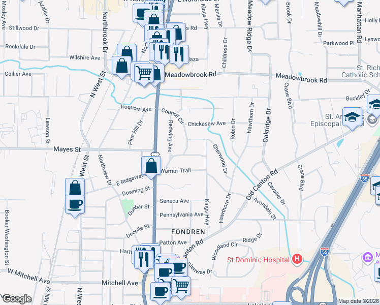 map of restaurants, bars, coffee shops, grocery stores, and more near 4004 Council Circle in Jackson