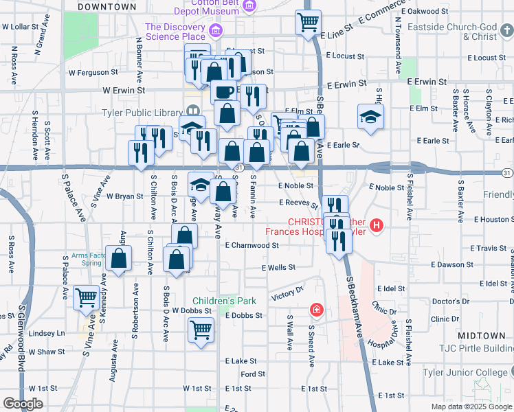 map of restaurants, bars, coffee shops, grocery stores, and more near 514 South Fannin Avenue in Tyler
