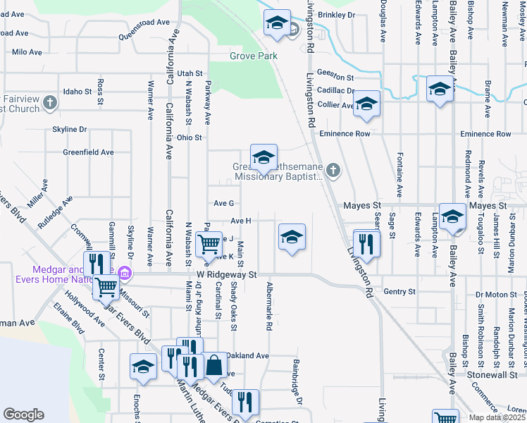 map of restaurants, bars, coffee shops, grocery stores, and more near 3744 Westchester Drive in Jackson
