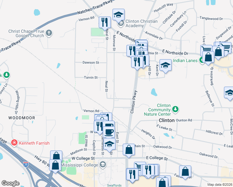 map of restaurants, bars, coffee shops, grocery stores, and more near 802 Monroe Street in Clinton