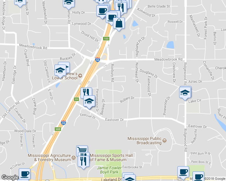 map of restaurants, bars, coffee shops, grocery stores, and more near 3998 Roxbury Road in Jackson