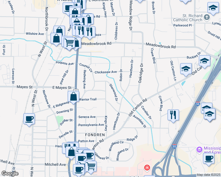 map of restaurants, bars, coffee shops, grocery stores, and more near 4002 Kings Highway in Jackson