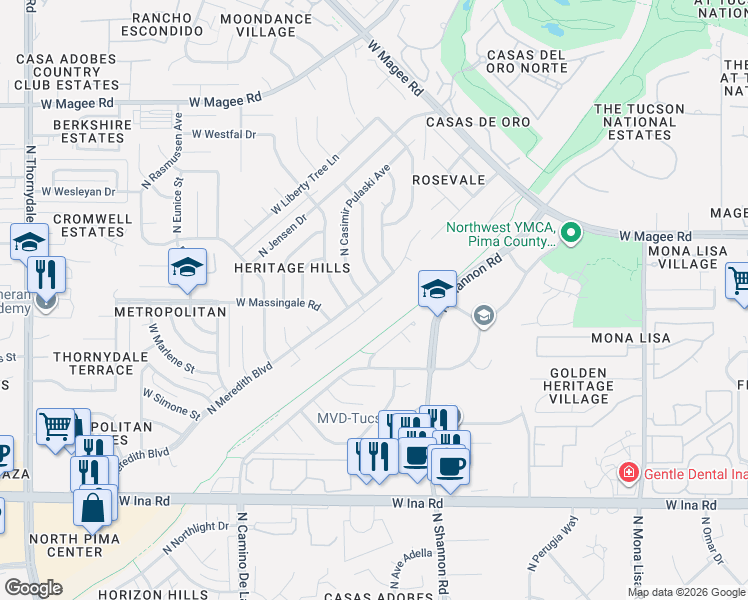map of restaurants, bars, coffee shops, grocery stores, and more near 7624 North Meredith Boulevard in Tucson