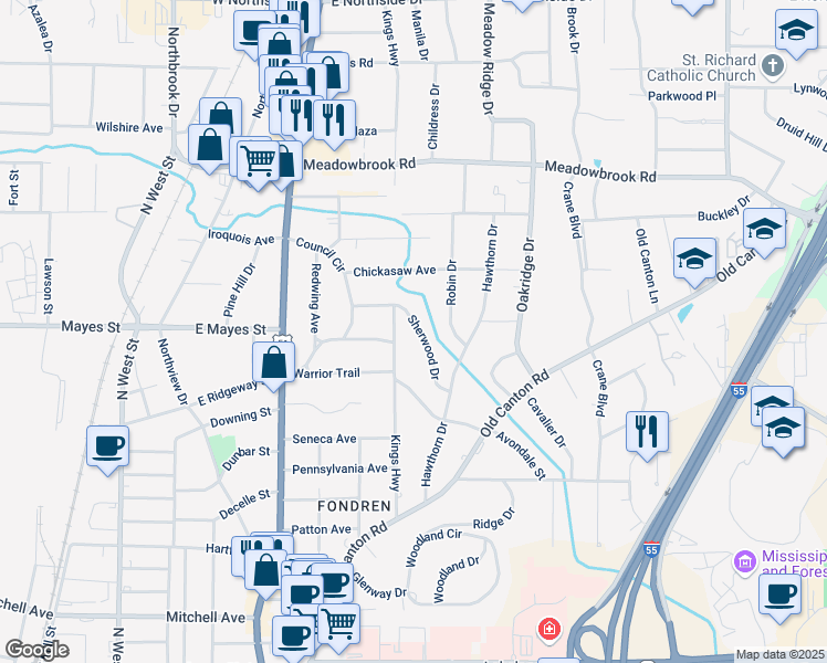 map of restaurants, bars, coffee shops, grocery stores, and more near 4002 Kings Highway in Jackson
