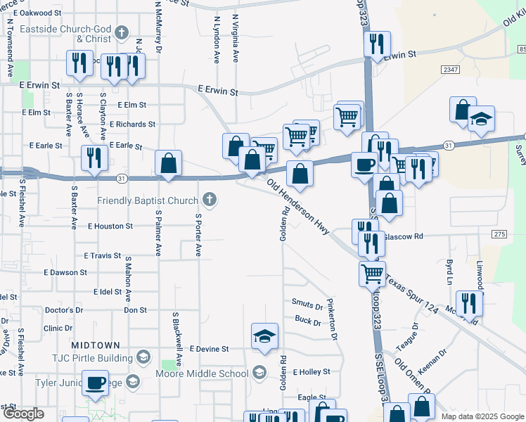 map of restaurants, bars, coffee shops, grocery stores, and more near 601 Golden Road in Tyler