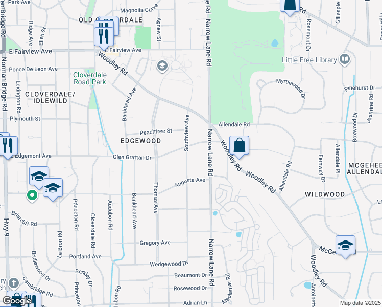 map of restaurants, bars, coffee shops, grocery stores, and more near 1282 Glen Grattan Drive in Montgomery