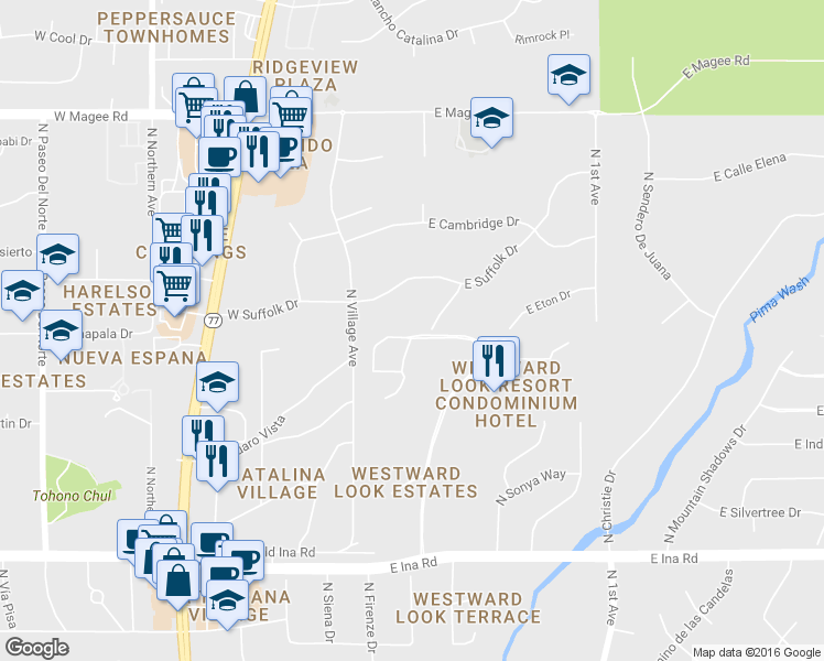 map of restaurants, bars, coffee shops, grocery stores, and more near 7601 North Andover Drive in Tucson