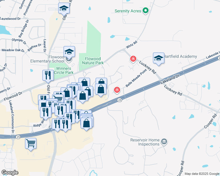 map of restaurants, bars, coffee shops, grocery stores, and more near 108 Belle Meade Point in Flowood
