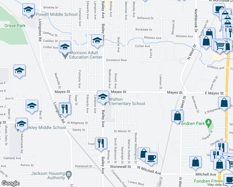 map of restaurants, bars, coffee shops, grocery stores, and more near 625 Mayes Street in Jackson