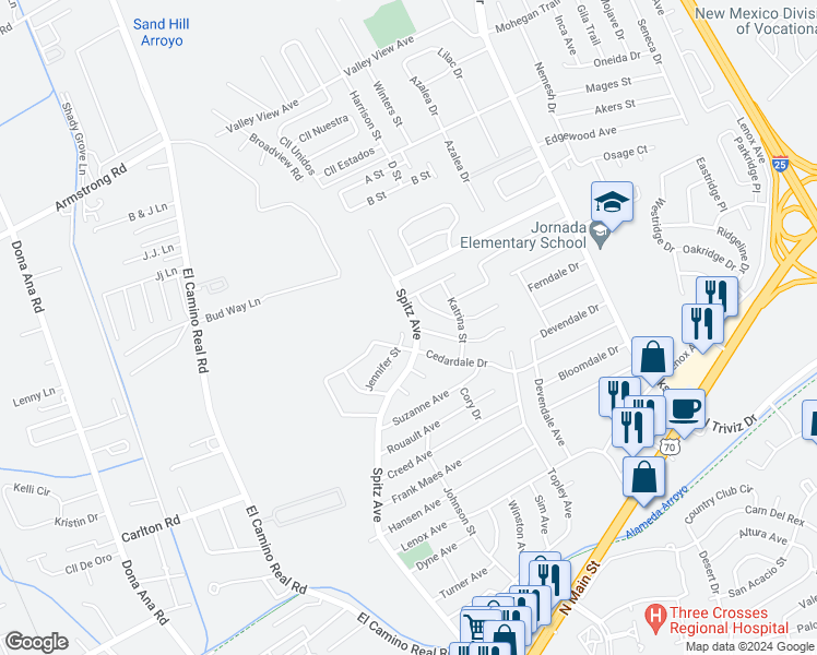 map of restaurants, bars, coffee shops, grocery stores, and more near 3030 Jennifer Street in Las Cruces
