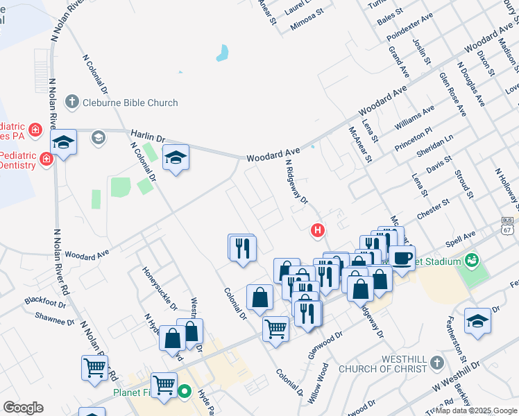 map of restaurants, bars, coffee shops, grocery stores, and more near 1011 Woodard Avenue in Cleburne
