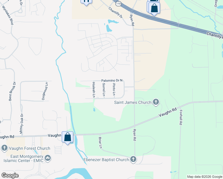 map of restaurants, bars, coffee shops, grocery stores, and more near 8118 Pinto Lane in Montgomery