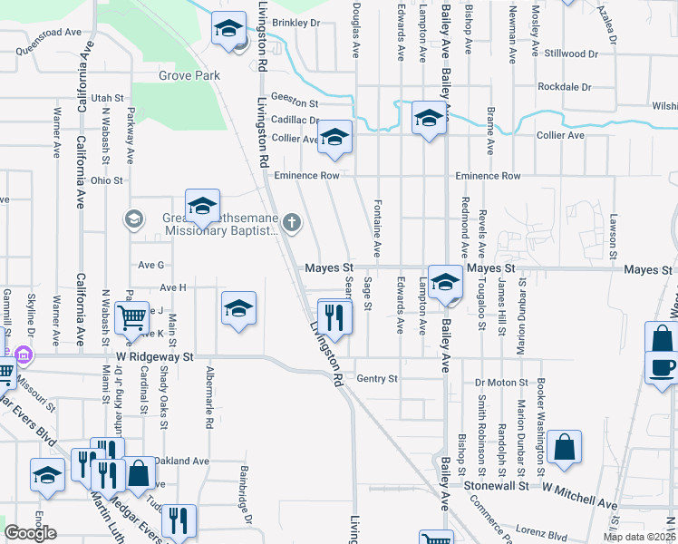 map of restaurants, bars, coffee shops, grocery stores, and more near 1323 Mayes Street in Jackson