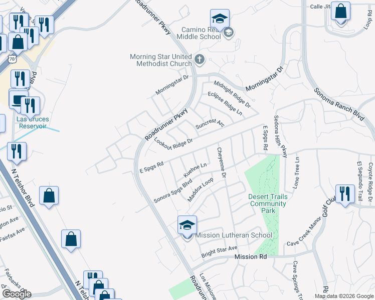 map of restaurants, bars, coffee shops, grocery stores, and more near East Springs in Las Cruces
