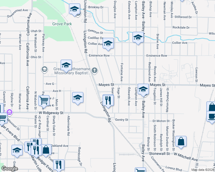 map of restaurants, bars, coffee shops, grocery stores, and more near 1323 Mayes Street in Jackson